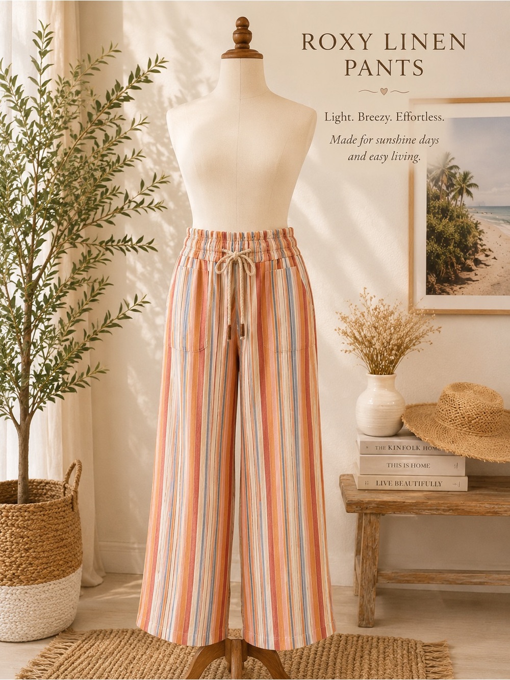 Roxy Linen Pants Women’s L Striped Drawstring Wide Leg Beach Vacation Casual